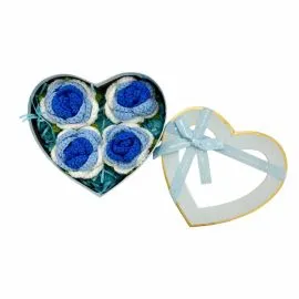 Blue Heart Flower Gift Box with 4-Blue Gradient Crochet Rose Heads | Middle Size