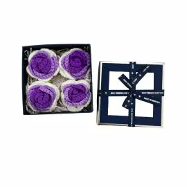 Caja de regalo con flores cuadradas con 4 rosas de crochet en degradado morado | Tamaño pequeño