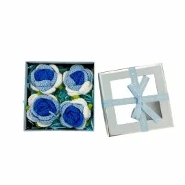 Square Flower Gift Box with 4-Blue Gradient Crochet Rose Heads | Small Size