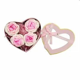 Pink Heart Flower Gift Box with 4-Pink Gradient Crochet Rose Heads | Middle Size