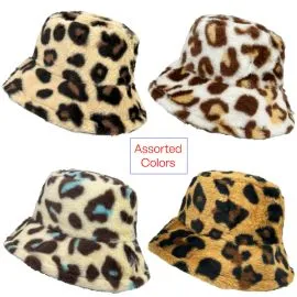 Fluffy Leopard Bucket Hats with Assorted Colors - Wholesale Winter Bucket Hats