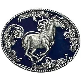 belt buckle with galloping horse and floral design on royal blue background