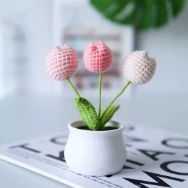 Crochet Tulips in Pot - White, Light Pink, Dark Pink