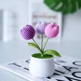 Crochet Tulips in Pot - Light Purple, Dark Purple, Pink