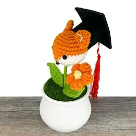 Fox with Graduation Hat Design Crochet Puff Flower in Pot