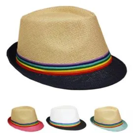 Trilby Fedora Straw Hat Set with Rainbow Strip Band in wholesale