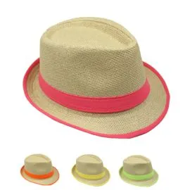 Trilby Straw Fedora Hat with neon color Strip Band in wholesale