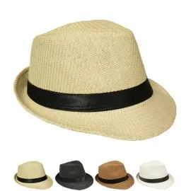 Adult classic straw trilby fedora hat with a black ribbon band at wholesale prices