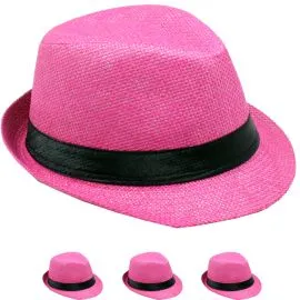 Pink Paper Straw Black Banded Kid Trilby Fedora Hat in Wholesale