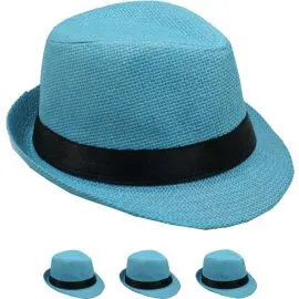 Turquoise blue paper straw  kid casual trilby fedora hats at wholesale prices from buy4store with a black band