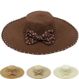 Brown color Women Wide Brim Bowtie Ribbon Summer Hat