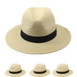 Light brown color range of men fedora straw hat with a black strip at wholesale prices 