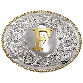 Golden Initial F Belt Buckles with Silver Floral Design