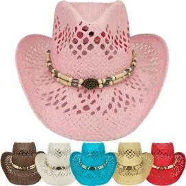 Hollow Straw Beaded Band Cowboy Beach Hat Set in Wholesale