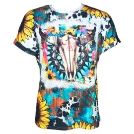 Sunflower and Bull Design Western T Shirts Wholesale Front side