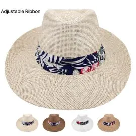 Wholesale Men's Straw Summer Hat - Wide Brim Hat with Flower Strip Assorted Color