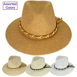 Wholesale Straw Panama Hats for Men with Braided Leather Hatband - Assorted Colors