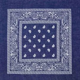 Wholesale Navy Blue Paisley Print Polyester Bandanas. Buy in Bulk, save money!
