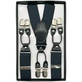 white and blue dots on navy blue suspenders