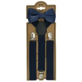 Wholesale Adjustable Bowtie Suspender Set for Kids - Elastic Y-Back Design with Strong Metal Clips - Navy Blue