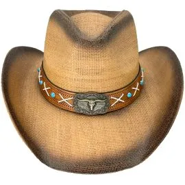 Wholesale Paper Straw Brown Cowboy Hat with Long Horn Bull Leather Band