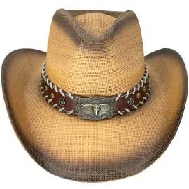 Wholesale Paper Straw Brown Cowboy Hat with Long Horn Bull Leather Laced Band