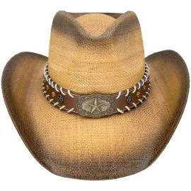 Wholesale Paper Straw Brown Cowboy Hat with Star Leather Laced Band