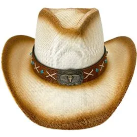 Wholesale Paper Straw Brown Shade Western Cowboy Hat with Long Horn Bull Laced Band