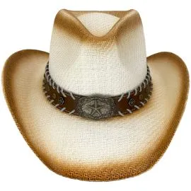 Wholesale Paper Straw Brown Shade Western Cowboy Hat with Star Laced Edge Band