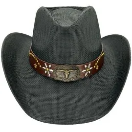 Wholesale Paper Straw Bull Style Leather Band Black Western Cowboy Hat