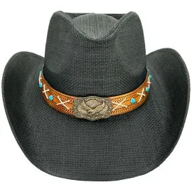 Wholesale Paper Straw Eagle Style Black Western Cowboy Hat with Turquoise Beaded Band