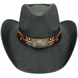 Wholesale Paper Straw Eagle Style Leather Band Black Western Cowboy Hat