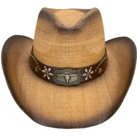 Wholesale Paper Straw Long Horn Bull Band Brown Cowboy Hat