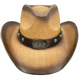 Wholesale Paper Straw Long Horn Bull Turquoise Bead Band Brown Cowboy Hat