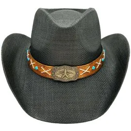 Wholesale Paper Straw Star Style Black Western Cowboy Hat with Turquoise Beaded Band