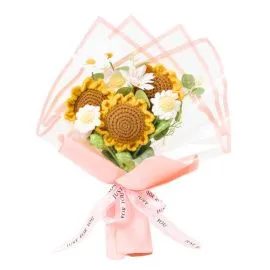 wholesale pink crochet flower bouquets with sunflowers