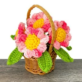 Pink Crochet Sunflowers in Basket with Handle