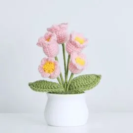 Pink Crochet Lily Flower in Pot - 5 Flowers Design Knitted Flowers