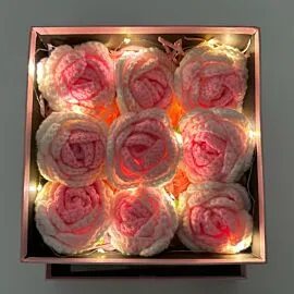 9 pink crochet rose in light up square box