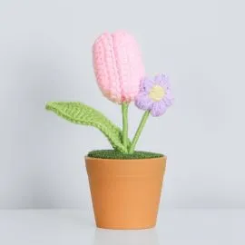 Crochet Flower in Vase - Pink Tulip and Purple Puff Flowers