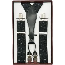 white polka dots on black wide suspender in a brown display box wholesale options