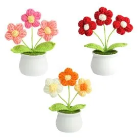 Crochet Puff Flowers in Pot - Pink, Yellow, Red, Rainbow