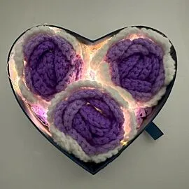 3 purple crochet roses in light up heart shape gift box