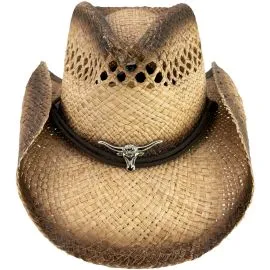 Bulk straw hats with bull buckle design - Summer Raffia straw hats for men