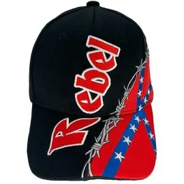 Rebel Barbed Wire Embroidered on Black Baseball Caps in bulk