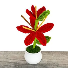 red long crochet water lily in pot