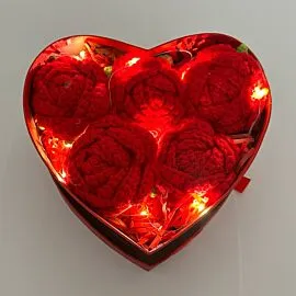 red light up crochet roses in heart shape box - 5 roses