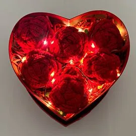 red light up crochet roses in heart shape box