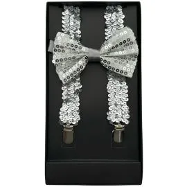 silver sequin suspender and bowtie set in a black box