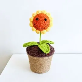 Smile Crochet Sunflower in Custom Pot - 1 Orange Sunflower